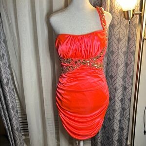 Deb One-Shoulder Coral Dress with Embellishments